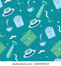 Seamless pattern with men's accessories in blue-green colors.Vector graphics.