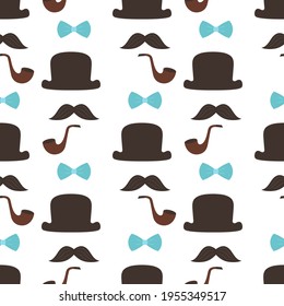 patrón ininterrumpido con accesorios masculinos corbata de arco, tubería de tabaco, sombrero y bigotes, patrón de color para el día del padre