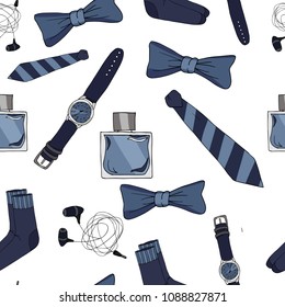 Seamless pattern men's accessories illustration on white background.