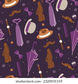 Seamless pattern with men's accessories in purple and brown colors.Vector graphics.