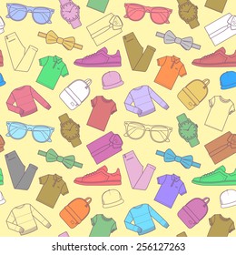 Seamless pattern of men's clothing items. Light vector repetitive texture.