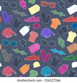 Seamless pattern of men's clothing items. Dark vector repetitive texture.