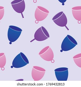 Patrón sin foco con el burl menstrual como concepto de menstruación ecológica y estilo de vida verde. Ilustración plana vectorial de serie con tapón menstrual sobre fondo rosado como textura o fondo para impresión