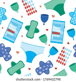 Seamless pattern with menstrual burl, menstrual underpants, reusable absorbent pad and calendar. Stock vector flat illustration with random menstruation objects as texture or backdrop for web.