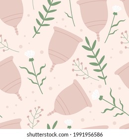 Nahtloses Muster mit Menstruationstasse, Blumen und Blättern. Zero-Abfallgerät für Frauen in kritischen Tagen. Umweltfreundliches, plastikfreies Konzept. Einziger Cartoon, Vektorgrafik. 