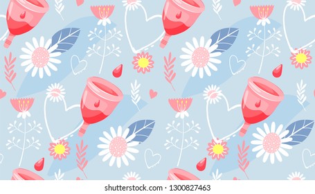 Seamless pattern. Menstrual cup, hearts and flowers. Vector illustration for textile, medicine, poster, background, book.