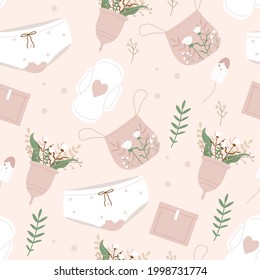 Seamless pattern with menstrual cup, tampons, pads, panties. Zero waste device for women in critical days. Eco-friendly, plastic free concept. Cartoon isolated vector illustration. 
