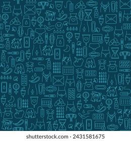 Seamless pattern of menstruation period flat icons. Various feminine hygiene products, menstrual protection elements in continuous print. Isolated on dark blue background vector illustration