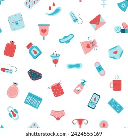 Patrón sin fisuras de los iconos del período menstrual dibujado a mano. Diversos productos de higiene femenina, elementos de protección menstrual en impresión continua. Aislado en ilustración vectorial blanca