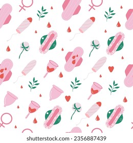 Seamless pattern menstruation period woman pad, tampon, menstrual cup 