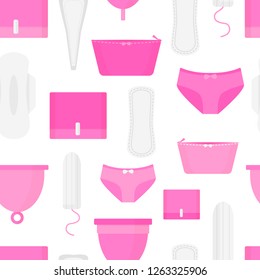 Seamless pattern of menstruation time. Woman hygiene products - tampon, menstrual cup, sanitary. Flat style