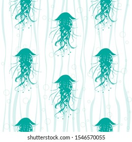 Seamless pattern. Menthol aquamarine color jellyfish on white backround. Vector graphic illustration.