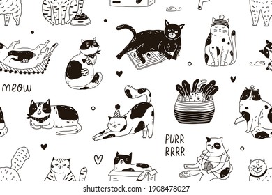 Seamless pattern with Meow inscription and cute funny cats playing and sleeping. Endless black and white background for printing. Hand-drawn childish flat vector illustration in doodle style