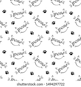 Seamless pattern with meow lettering with cat whiskers, ears and smile. Black drawing on white background. Vector illustration.