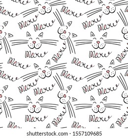 Seamless pattern with meow lettering and cat face. Black hand drawing with pink details on white background. Vector illustration.