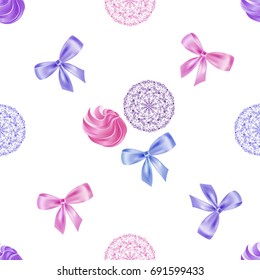 Seamless pattern with meringue, lacy doily and atlas bow in pink, blue, purple, lilac colors isolated on a white background. 