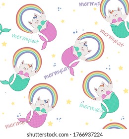 Seamless pattern with mermaid cats. Funny pattern for child textil