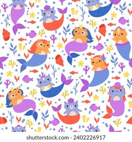 Seamless pattern with mermaid cats. Little funny kittens with fish tails. underwater magic cute characters. Decor textile, wrapping paper, wallpaper design. Childish print vector concept
