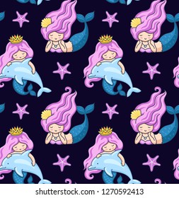 Seamless pattern with mermaid and dolphins on a dark blue background. Under the sea. Print design for coloring book, textile, fabric, postcard, posters, decor, greeting card. Vector illustration.