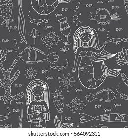 Seamless pattern with mermaid, fishes and coral. Vector illustration.