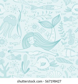 Seamless pattern with mermaid, fishes, coral, shell, seahorse and seaweeds. Vector illustration.