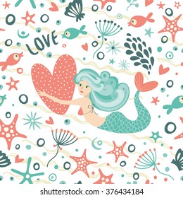 Seamless pattern with mermaid, hearts, starfish and fish.