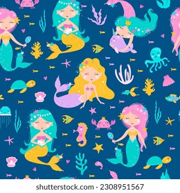 Seamless pattern with mermaid, leaves, seashells, seahorse and fish. Cute vector illustration