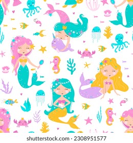 Seamless pattern with mermaid, leaves, seashells, seahorse and fish. Cute vector illustration