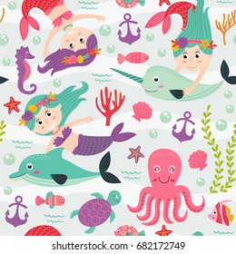 seamless pattern with mermaid and marine animals  -  vector illustration, eps