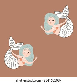 Patrón sin foco con sirena sobre fondo marrón claro. Fondo digital marino con elementos dibujados a mano vectorial. Patrón sin fisuras para tela infantil, textil y papel de libro de recortes.