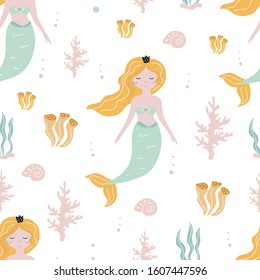 Seamless pattern with a mermaid on a white background. Vector illustration for printing on fabric, postcard, packaging paper, gift products, Wallpaper, clothing. Cute baby background for girls.