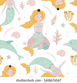 Seamless pattern with a mermaid on a white background. Vector illustration for printing on fabric, postcard, packaging paper, gift products, Wallpaper, clothing. Cute baby background for girls.