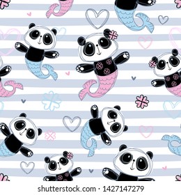 Seamless pattern. Mermaid Panda on striped background. Vector