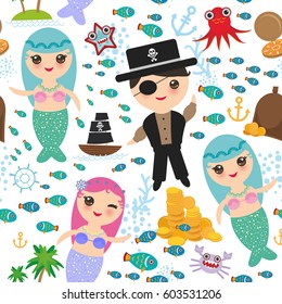 seamless pattern Mermaid with pirate, boat with sail, gold coins crab octopus starfish island with palm trees anchor compass anchor helm treasures  isolated on white background. Vector