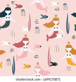 Seamless pattern with mermaid princess. Cute kids print. Vector hand drawn ilustration.
