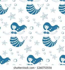 Seamless pattern of mermaid and sea stars. Vector illustration.