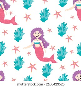 seamless pattern with mermaid with seaweed and starfish. Decor for a children's room