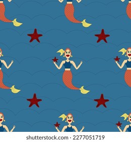 Seamless pattern with mermaid with starfish in the hand on blue sea wave background. Beutiful vector illustration with sea siren.