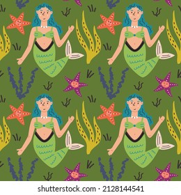 Seamless pattern mermaid starfish seaweed coral. Doodle Hand drawn nursery baby scandinavian style kids digital textile fabric paper