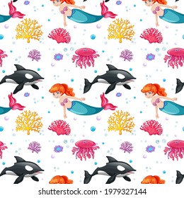 Seamless pattern with mermaid and undersea elements illustration