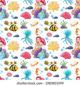 Seamless pattern with mermaid and undersea elements illustration