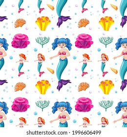 Seamless pattern with mermaid and undersea elements illustration