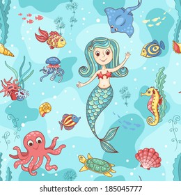 Seamless pattern with mermaid. Vector cartoon illustration.