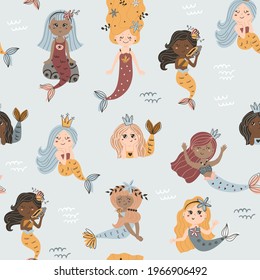 Seamless pattern with mermaids. Pattern for bedroom, wallpaper, kids and baby wear.