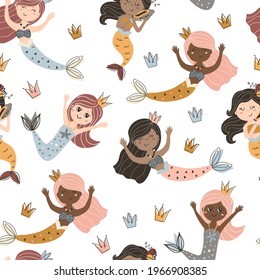 Seamless pattern with mermaids. Pattern for bedroom, wallpaper, kids and baby wear.