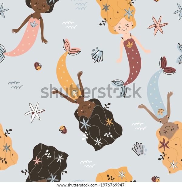 Seamless Pattern Mermaids Pattern Bedroom Wallpaper Stock Vector