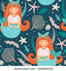 Seamless pattern with mermaids. Cartoon style