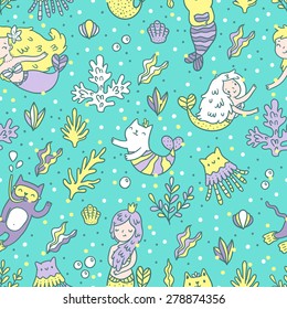 Seamless pattern with mermaids and cats. Tile vector background.