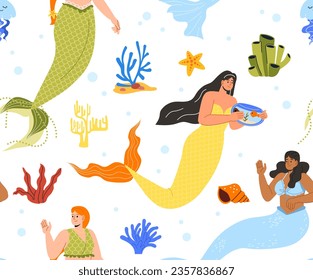 Seamless pattern with mermaids concept. Repeating design element for printing on fabric. Fairy tale and fictional characters . Womerns with fish tail near corals. Cartoon flat vector illustration