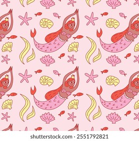 Seamless Pattern of Mermaids with Crowns, Seashells, Starfish, Fish, and Seaweed. Playful Marine Theme on Light Background. Decorative Design for Kids and Fantasy Stories. Flat Vector Illustration